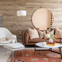 Portfolio: Indo-Asian inspired living room with large rose gold statement mirror