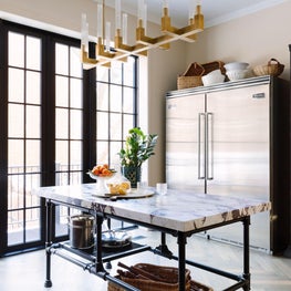 European Style Kitchen with brass chandelier & French casement cabinet