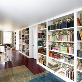 Connecticut Farmhouse, Library Hallway, Open Shelving with Wallpaper