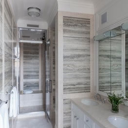 Park Avenue Residence, Master Bathroom w/ silver travertine walls