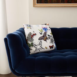 Living room close up on butterfly pillow, blue velvet sofa