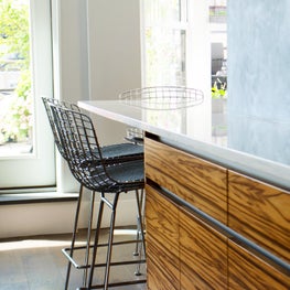Modern Open Kitchen with Custom Redgum Veneer Island Table & Cabinetry