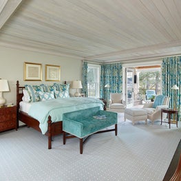 Charleston Master Bedroom With White Washed Cypress Ceiling Boards and Roof Deck