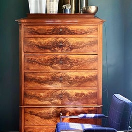 Bedon's Alley Austrian Biedermeier flame mahogany chest + Milo Baughman armchair