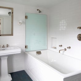 Connecticut Farmhouse, White Tile, Modern Farmhouse Bathroom 