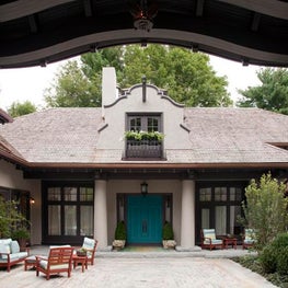 Houghton House, Exterior Facade and Patio with Turquoise Door