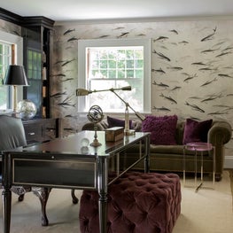Concord Home Office with hand-painted silver leaf wallpaper and custom cabinetry