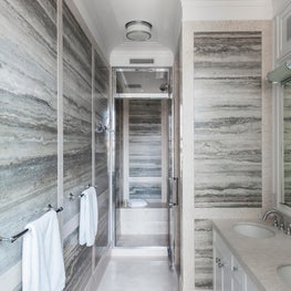 Park Avenue Residence, Master Bathroom w/ silver travertine walls