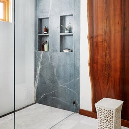 Soulful Home Master Shower with Soapstone and Walnut Slabs on Wall 