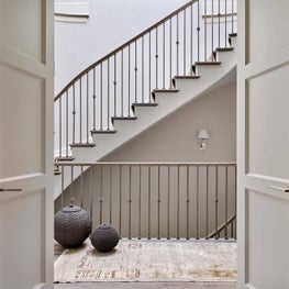 Staircase, Neutral Palette, Oscar Isberian Rug, Cream Walls, White Sconce - Lincoln Park Greystone Project