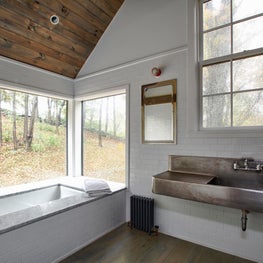 Connecticut Farmhouse, White Master Bathroom, Big Windows & Concrete Sink