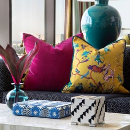 Portfolio: Living Room Sofa with Pink and Yellow Pillows