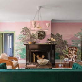 Family Room with layered seating and custom mural