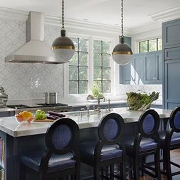 Historic Chestnut Hill Kitchen with Blue Grey Cabinetry and Globe Pendant Lights