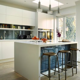 Kitchen, Crouch End, London, showing bar stools and island,