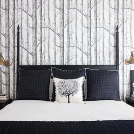 Mural Wallpaper. Black and White Bedroom. Four Poster Bed. Trees. 