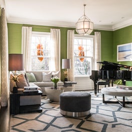 Green Living Room, Pendant with Frosted Glass, Geometric-Pattern Rug, Piano