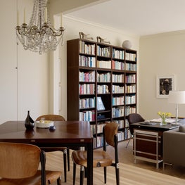 Library and dining room in transitional home, calming palate 