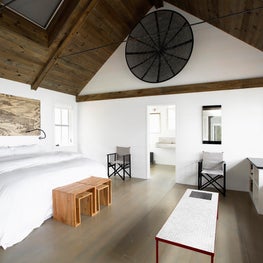 Connecticut Farmhouse, Master Bedroom, Pitched Roof, White Palette