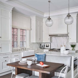 White Kitchen, David Iatesta Dining Table, Banquette Seating, Paris Ceramics Flooring, O'Brien Harris White Cabinetry - Lincoln Park Greystone Project
