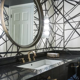 Guest Bathroom with Custom Vanity and Kelly Wearstler Wallpaper on walls  