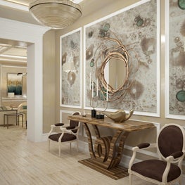 Contemporary sophisticated hallway layered in hues of cream.