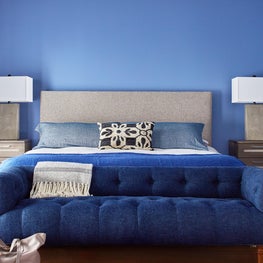 Contemporary Bedroom with Bold Blue Accent Couch