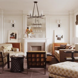 NYC Apartment Living Room, decorative fireplace, mixing fabric patterns 