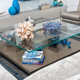 LAKEFRONT CONTEMPORARY VILLA contemporary two tier coffee table, glass top coffee table, art glass, modern living room, teal glass