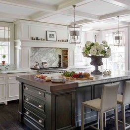 Elegant Cook's Kitchen with Calcutta Counters and Coffered Ceiling