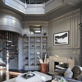 Library, Kendall Charcoal by Benjamin Moore, Lincoln Schatz Photography, Fireplace, Two-Story Room