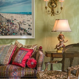 Boston townhouse, Music Room with upholstered walls and custom sofa