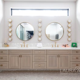 Ann Sacks tile wows on the floor, dado and vanity surround.