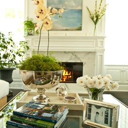 Close-up of family room glass coffee table