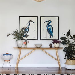 Relaxed Entry with Rattan Lighting and Sumi Ink and Gouache Illustrations