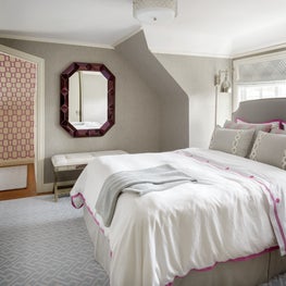 Warm grey Master bedroom with punches of bright pink