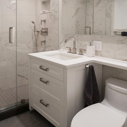 Contemporary Open Living - White Bathroom with Custom Vanity