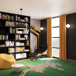 Hollywood Exec's Bold, Wallpapered, Modern Den 