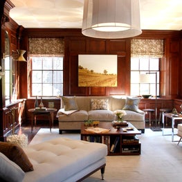 Kips Bay Show House Family Room, dark paneled walls, decorative painted ceiling.