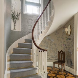 Beacon Hill Foyer with Painted Marquetry Floor and Spiral Staircase