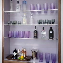 NYC Show House built-in bar, purple lacquer, barware collection