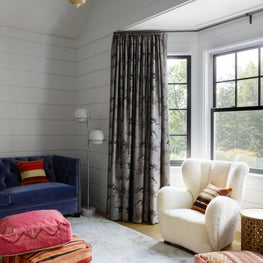 Short Hills Shingle Style Residence, Colorful Bedroom with White Wood Panels