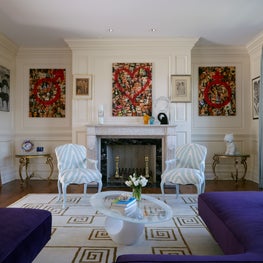 Greenwich Whimsy: vintage furniture pieces with art collection and satin drapery