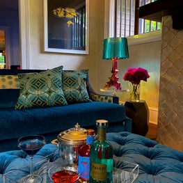 Jewel-tone Living Room with Bright Blues, Teal and Green