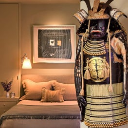 Warm bedroom with custom art piece