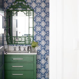 Blue and green powder room in an Avalon, NJ beach house