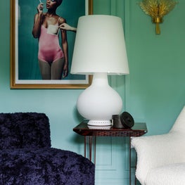 Lake Forest Showhouse 2020 : Marble Mosaic Floor, Crystal Sconce, Mid Century Italian Lamp, Modern Photograph, Mohair Slipper Chair, Green Walls