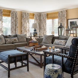 Concord Family Room with Grasscloth Walls and Bennison Curtain Panels