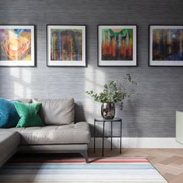 Family room featuring Paul Smith designed rug, bespoke joinery, pops of colour 