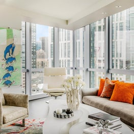 Corner view of living room in luxury high rise condo